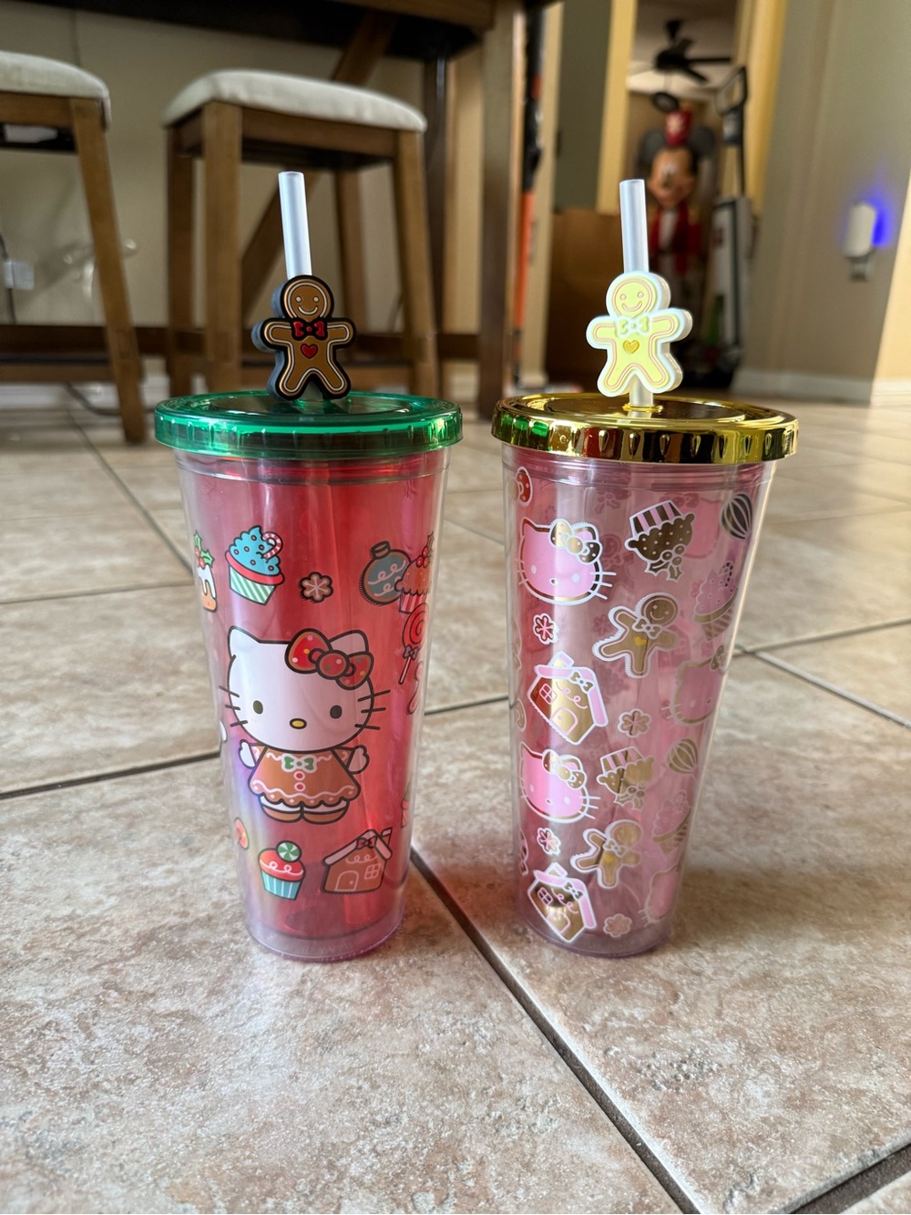 Sanrio Hello Kitty Pink Cup Duo with Green & Gold Lids and Gingerbread Toppers